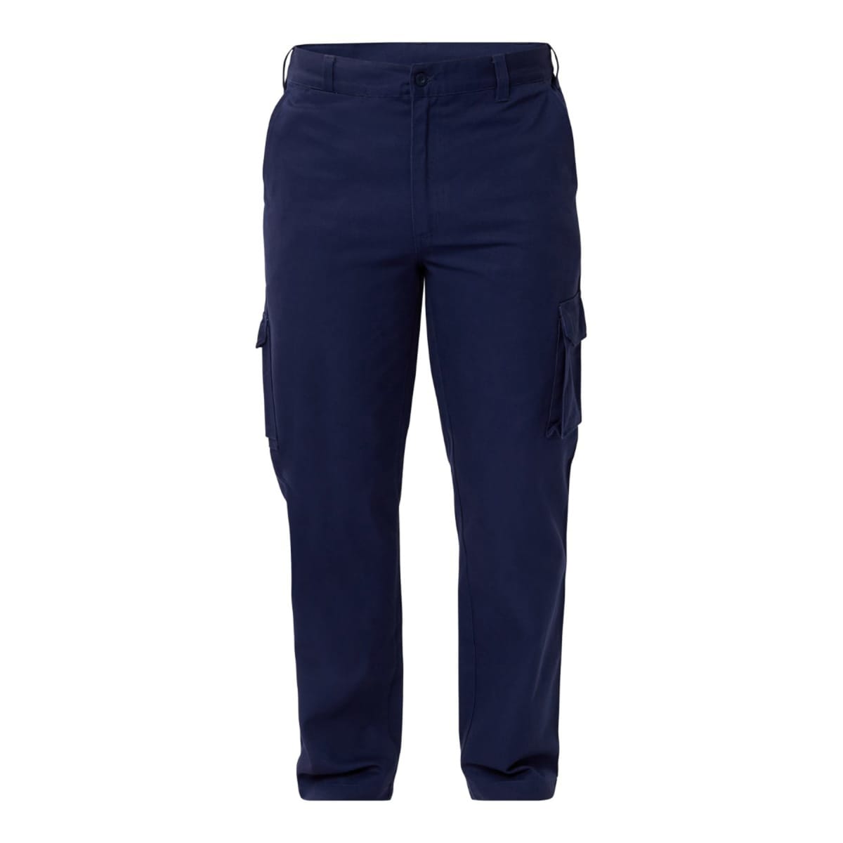 Navy blue cargo pants with side pockets, shown on a white background.