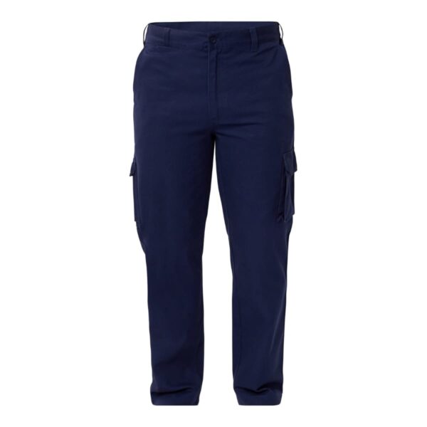 Navy blue cargo pants with side pockets, front view.