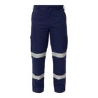 Navy blue pants with reflective stripes on the legs and side cargo pockets.