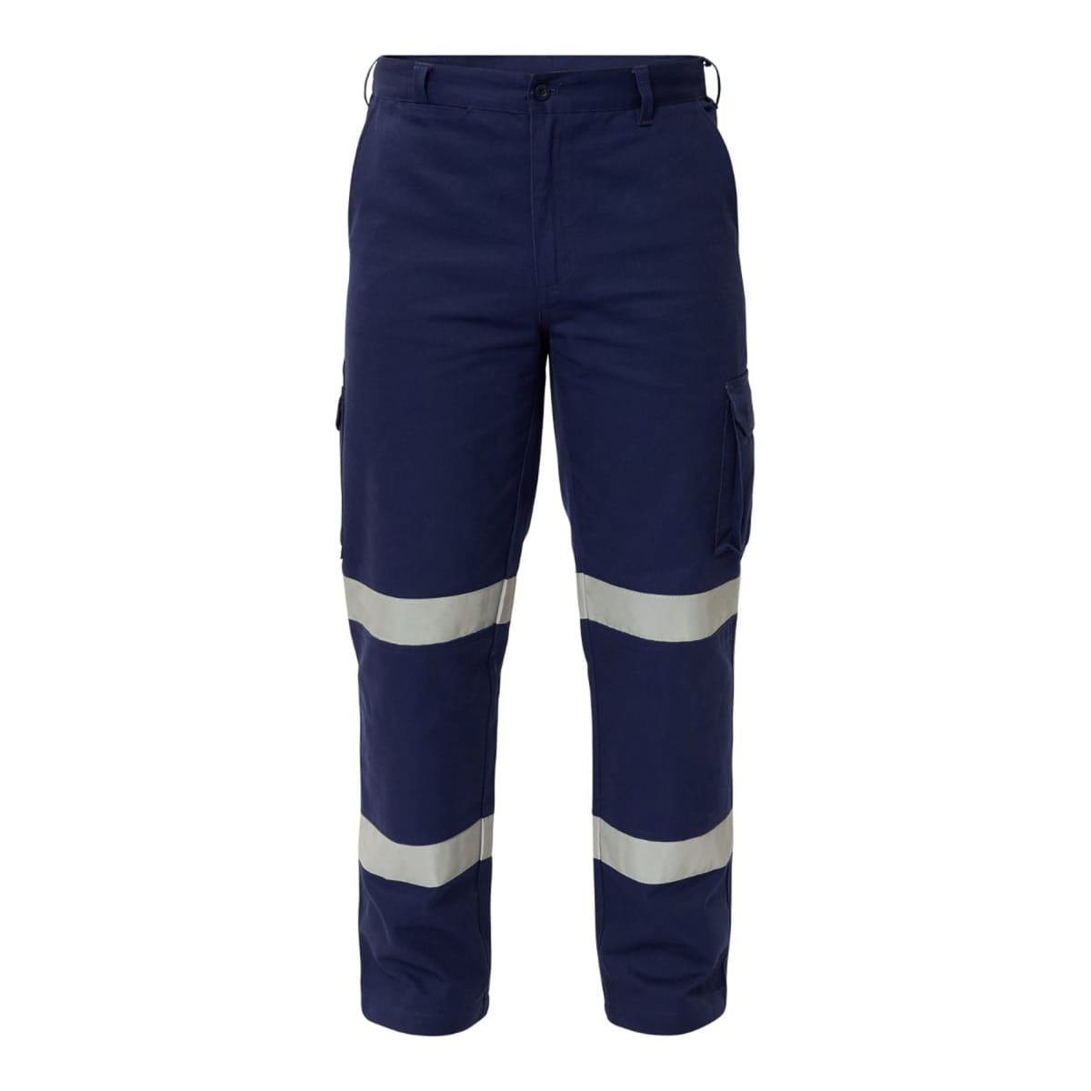 Navy blue pants with reflective stripes on the legs and side cargo pockets.