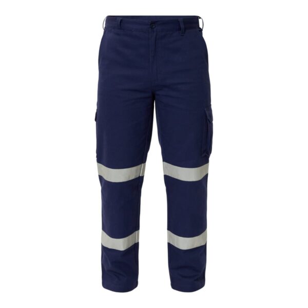 Blue work pants with reflective white stripes around the legs.