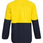 Back view of a long-sleeved shirt with a bright yellow upper section and a dark navy lower section. The shirt has a collared design and buttoned cuffs.