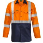 A high-visibility work shirt with long sleeves, featuring orange and navy blue sections. It has reflective strips across the chest, back, and sleeves, with two buttoned chest pockets. The shirt is displayed against a plain white background.