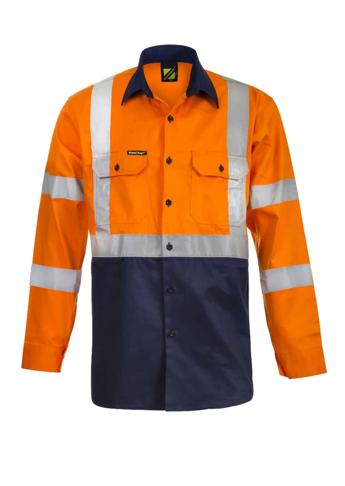 A high-visibility work shirt with long sleeves, featuring orange and navy blue sections. It has reflective strips across the chest, back, and sleeves, with two buttoned chest pockets. The shirt is displayed against a plain white background.