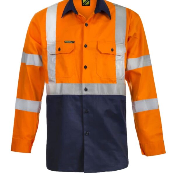 High-visibility work shirt with long sleeves, orange top and navy bottom, featuring reflective silver strips across the chest, sleeves, and back. The shirt has button closures and two chest pockets with button flaps.