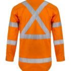 Bright orange high-visibility safety shirt with reflective silver stripes in an X pattern on the back and horizontal stripes around the arms and waist. The shirt has long sleeves and a dark blue collar.