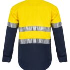 A long-sleeved safety work shirt with a bright yellow top half and dark blue bottom half. It features two reflective silver horizontal bands across the midsection and arms. The shirt is designed for high visibility.