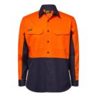 Bright orange and navy blue long-sleeve work shirt with button-down front and two chest pockets. WORK CRAFT label on collar, with an additional tag above the left pocket.