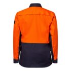 Rear view of a long-sleeved shirt with a bright orange upper half and dark blue lower half. The shirt has a collar and is styled in a color-block design, suitable for workwear.