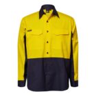 A long-sleeved, two-tone work shirt with a bright yellow top half and dark blue bottom half. It features buttoned front pockets and a collar.