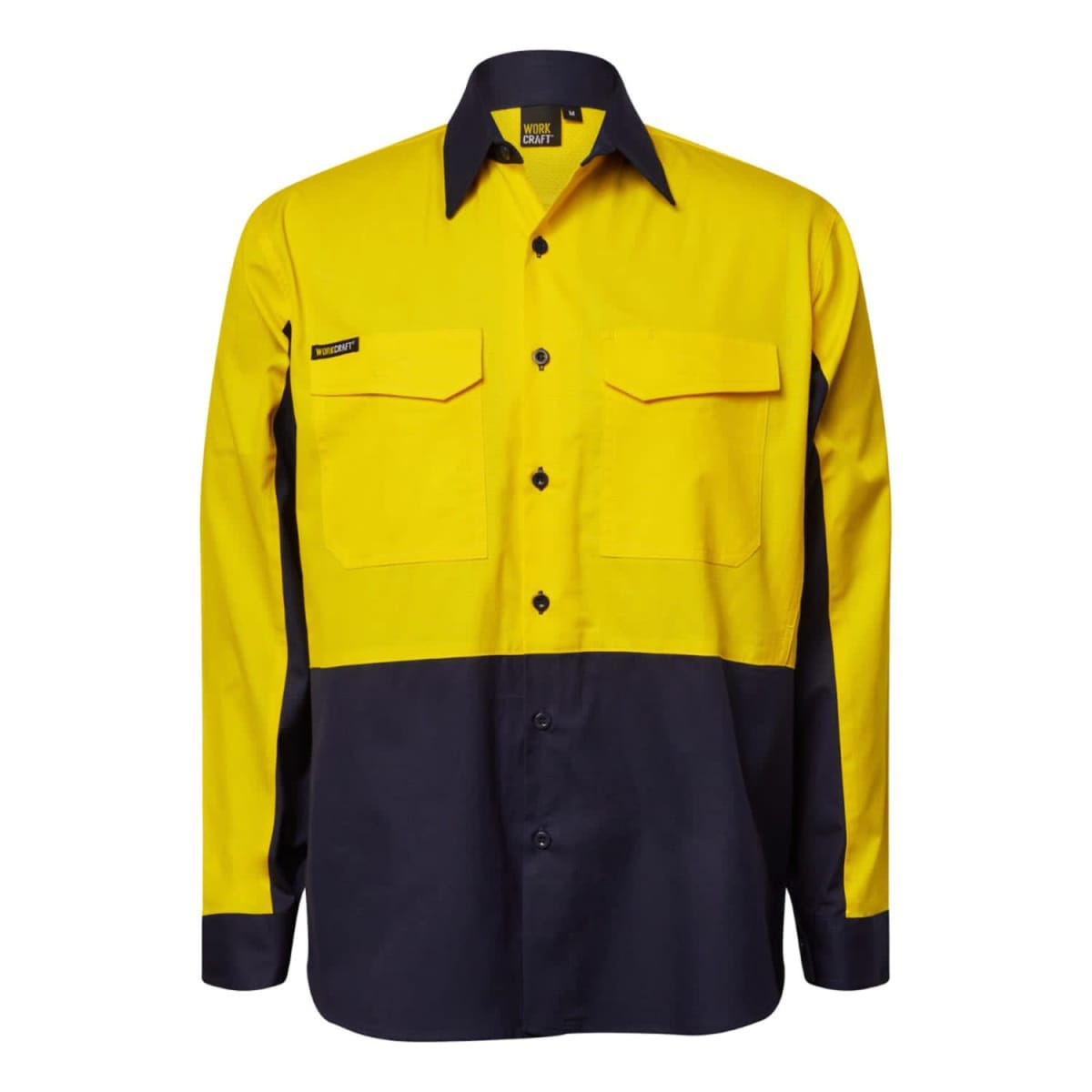 A long-sleeved, two-tone work shirt with a bright yellow top half and dark blue bottom half. It features buttoned front pockets and a collar.