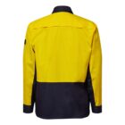 A long-sleeve shirt with a bright yellow top half and dark blue bottom half, viewed from the back. The shirt has dark blue cuffs and a collar.