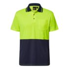 Bright yellow and navy short-sleeve polo shirt with a chest pocket and collar.