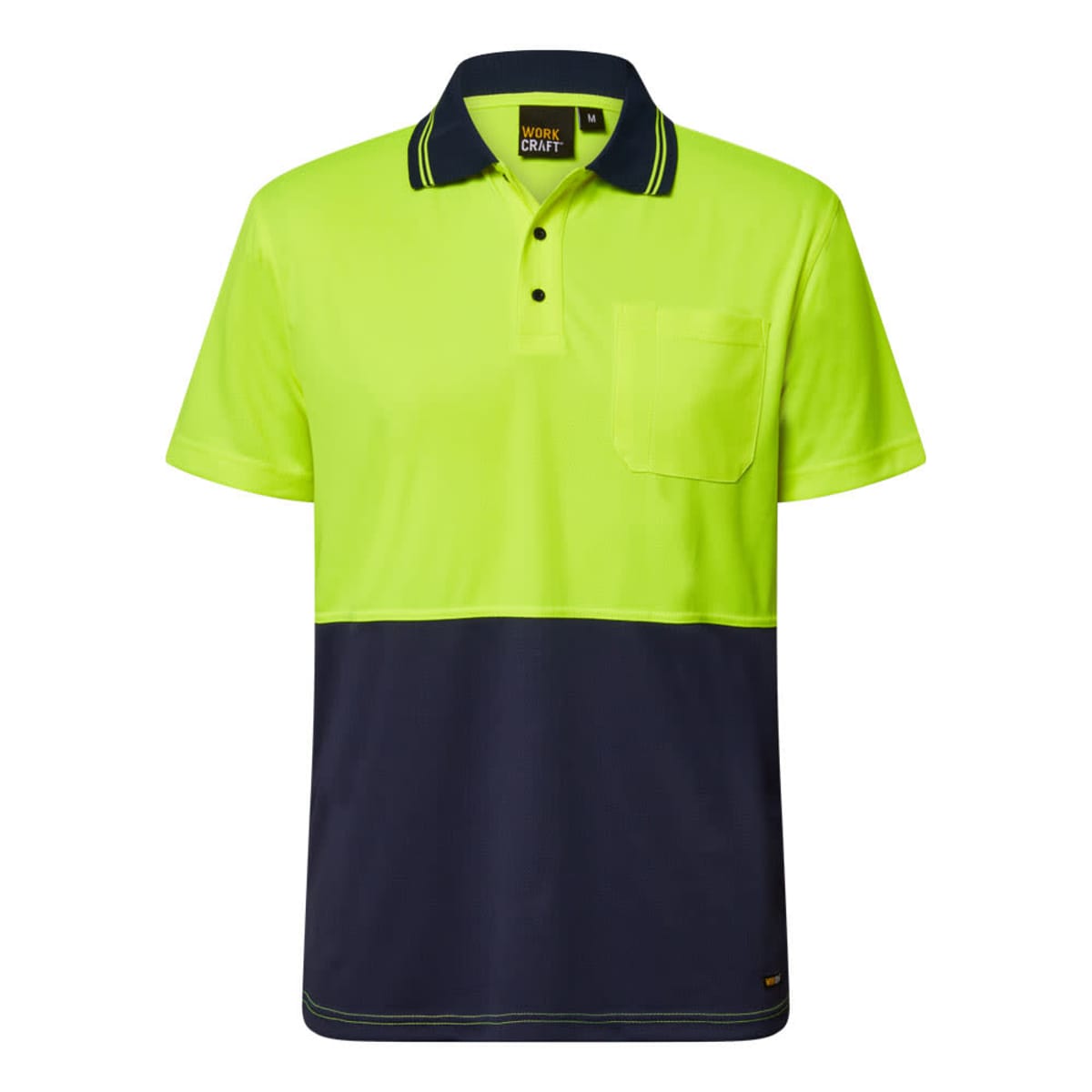 Bright yellow and navy short-sleeve polo shirt with a chest pocket and collar.