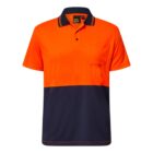 High-visibility orange and navy blue short-sleeve polo shirt with a chest pocket.