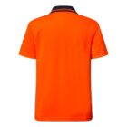 Bright orange polo shirt with short sleeves and a dark collar, shown from the back.