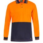 Bright orange and navy blue long-sleeve polo shirt with a front pocket and collar.