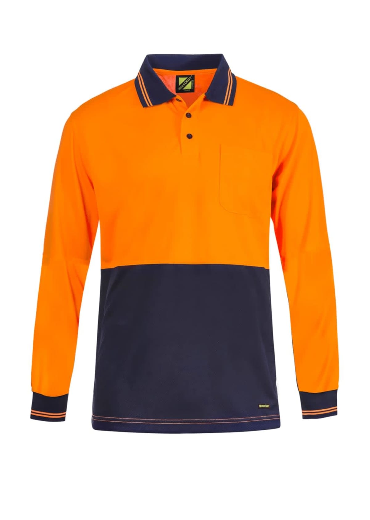 Bright orange and navy blue long-sleeve polo shirt with a front pocket and collar.