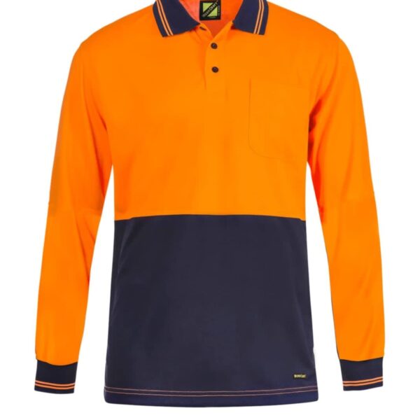 Long sleeve, high-visibility orange and navy blue polo shirt with a collar and chest pocket.