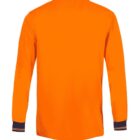 Orange long-sleeve polo shirt with dark collar and cuffs, shown from the back.
