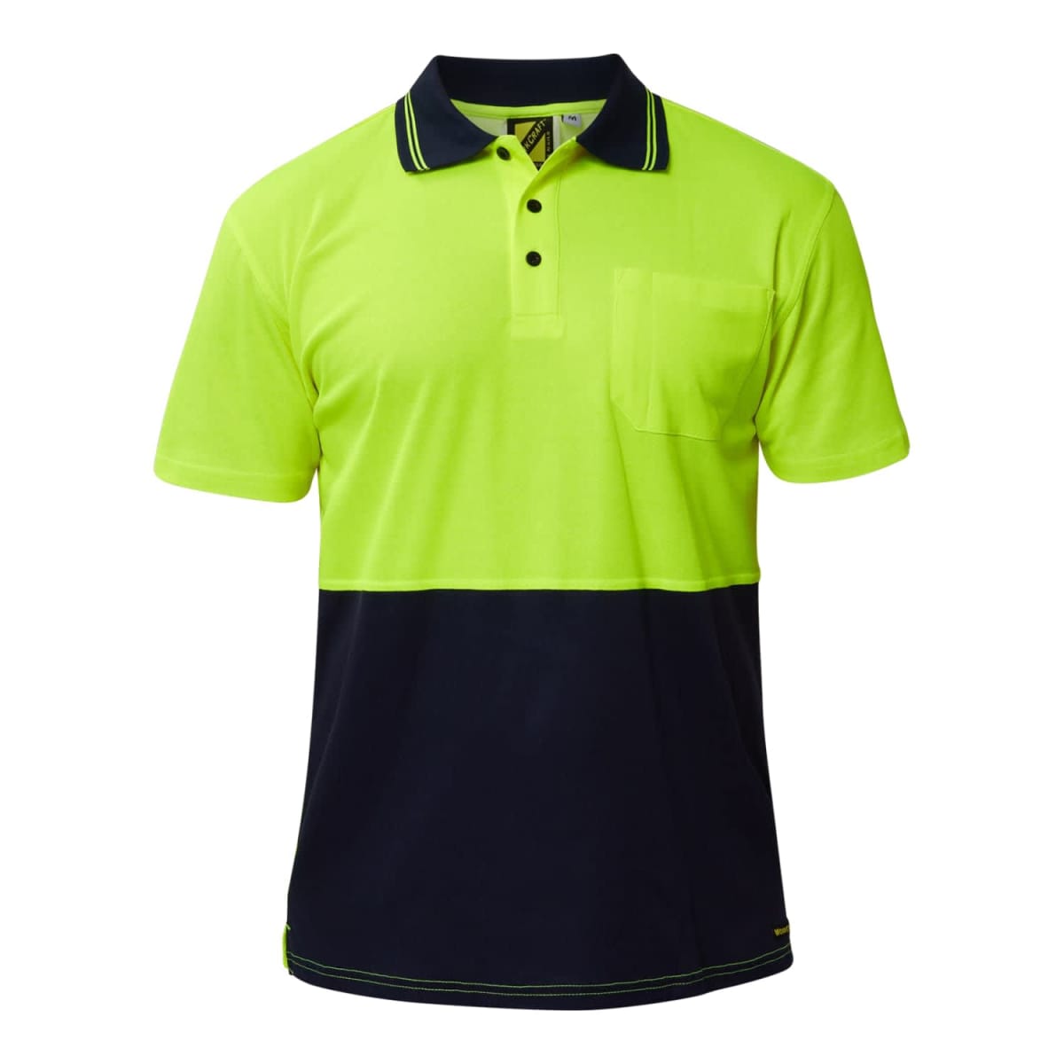 Neon yellow and black collared shirt with buttons and a chest pocket.