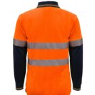 Back view of a long-sleeve orange safety shirt with reflective silver stripes.