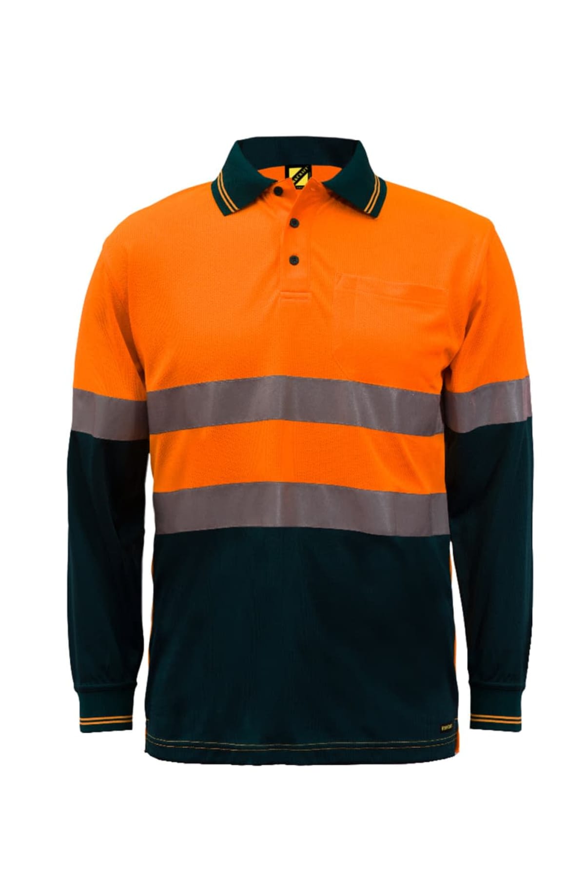 High-visibility orange and navy long-sleeve polo shirt with reflective stripes.