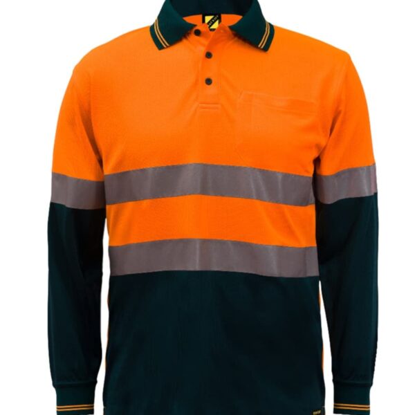 Long-sleeve high-vis orange and navy polo shirt with reflective silver stripes.