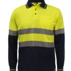 Yellow and navy long-sleeve polo with reflective stripes and a chest pocket.