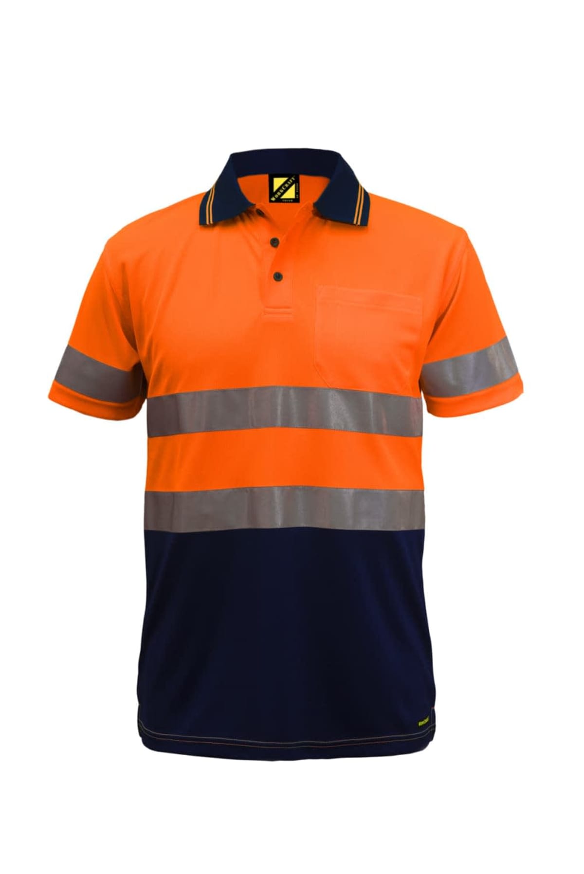 Orange and navy high-visibility polo shirt with reflective silver stripes and a front pocket.