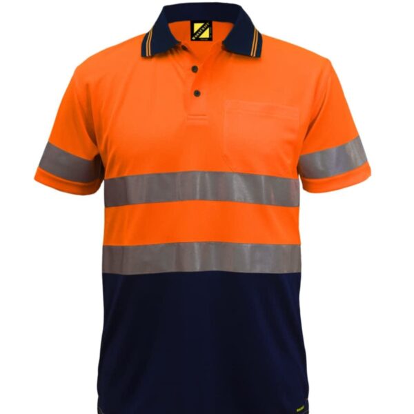 Orange and navy high-visibility polo shirt with reflective silver stripes and a front pocket.
