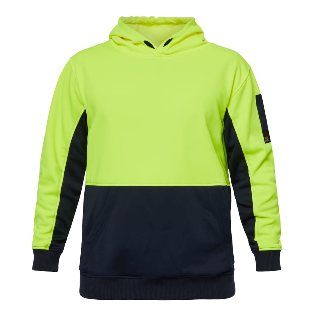 Yellow and black hooded sweatshirt with front pocket and long sleeves.