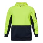 Bright yellow and black hoodie with front pocket and long sleeves, displayed on a white background.