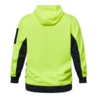 Bright yellow and black hooded jacket shown from the back on a white background.