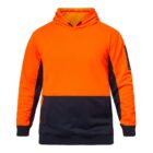 Bright orange and black hooded sweatshirt with a front pocket and long sleeves.