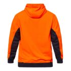 Bright orange hooded jacket with black sleeves, shown from the back.
