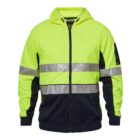 Yellow and black hooded safety jacket with reflective silver stripes and front zipper.