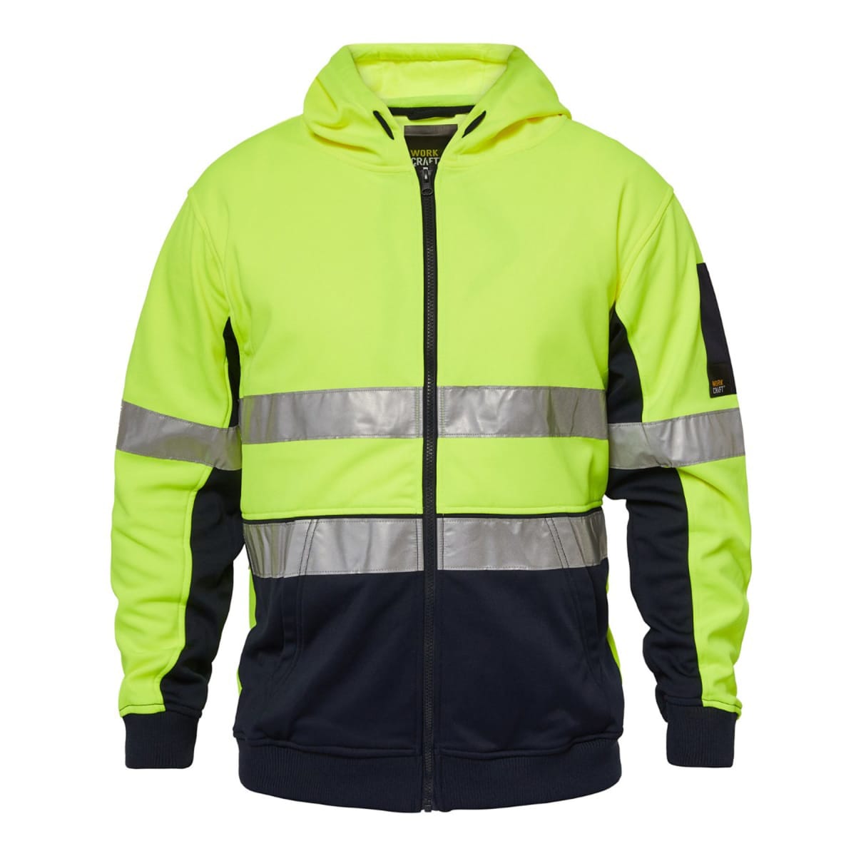 Yellow and black hooded safety jacket with reflective silver stripes and front zipper.