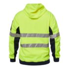 Yellow high-visibility jacket with reflective stripes, seen from the back.