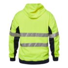 A yellow hooded safety jacket with reflective silver stripes, shown from the back.