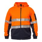 Bright orange and navy hoodie with reflective silver safety stripes and a front zipper.