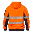 Person wearing an orange high-visibility jacket with reflective stripes, seen from the back.