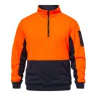 Bright orange and black long-sleeve pullover with a front zipper and high collar.