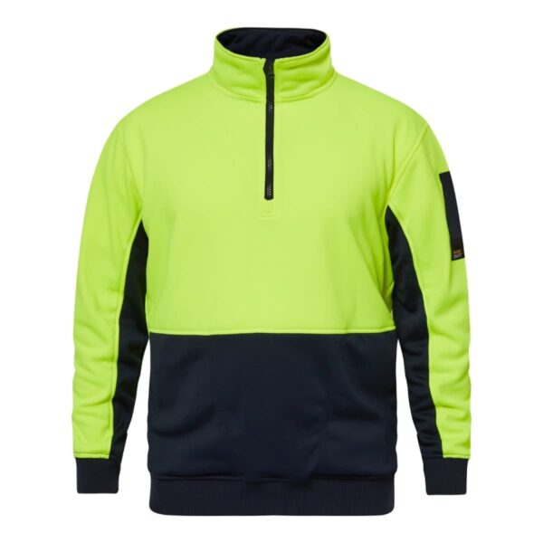 A bright yellow and black quarter-zip pullover with long sleeves and a high collar.