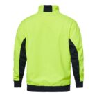 Back view of a neon yellow and black jacket with long sleeves and a stand-up collar.