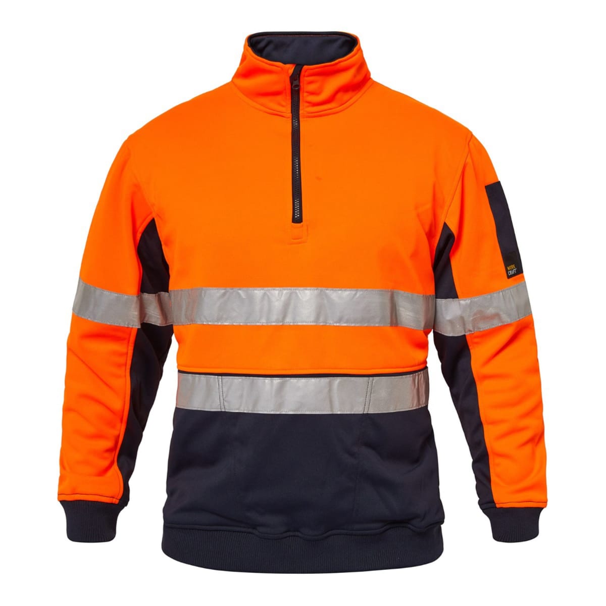 Bright orange safety jacket with reflective stripes and navy accents.