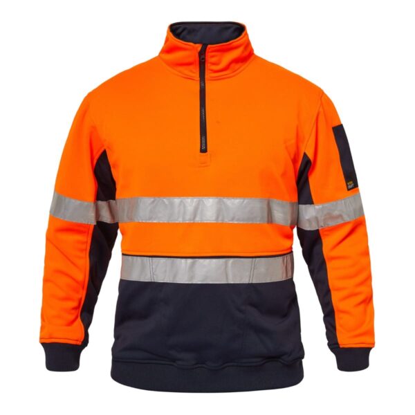 Orange and navy high-visibility jacket with reflective stripes on the sleeves and torso.