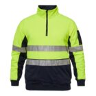 Bright yellow and navy pullover with reflective stripes and a half-zip collar.