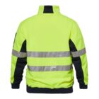 A back view of a yellow and black high-visibility jacket with reflective stripes.