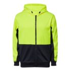 Yellow and black color-block hooded jacket with a front zipper.